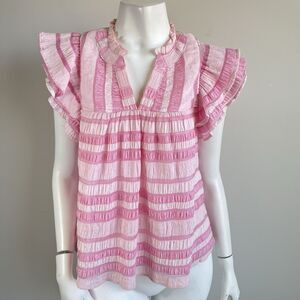 THML Pink Flutter Sleeves Babydoll Top Blouse XS Preppy Coquette Resortwear Fun